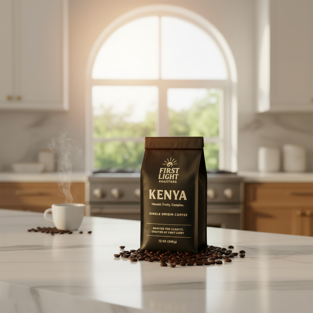 first light roasters kenya coffee bag on a counter