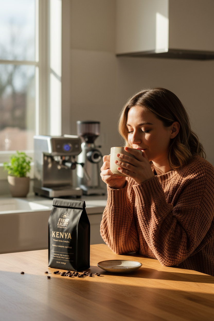 lady drinking coffee bag first light roasters kenya coffee