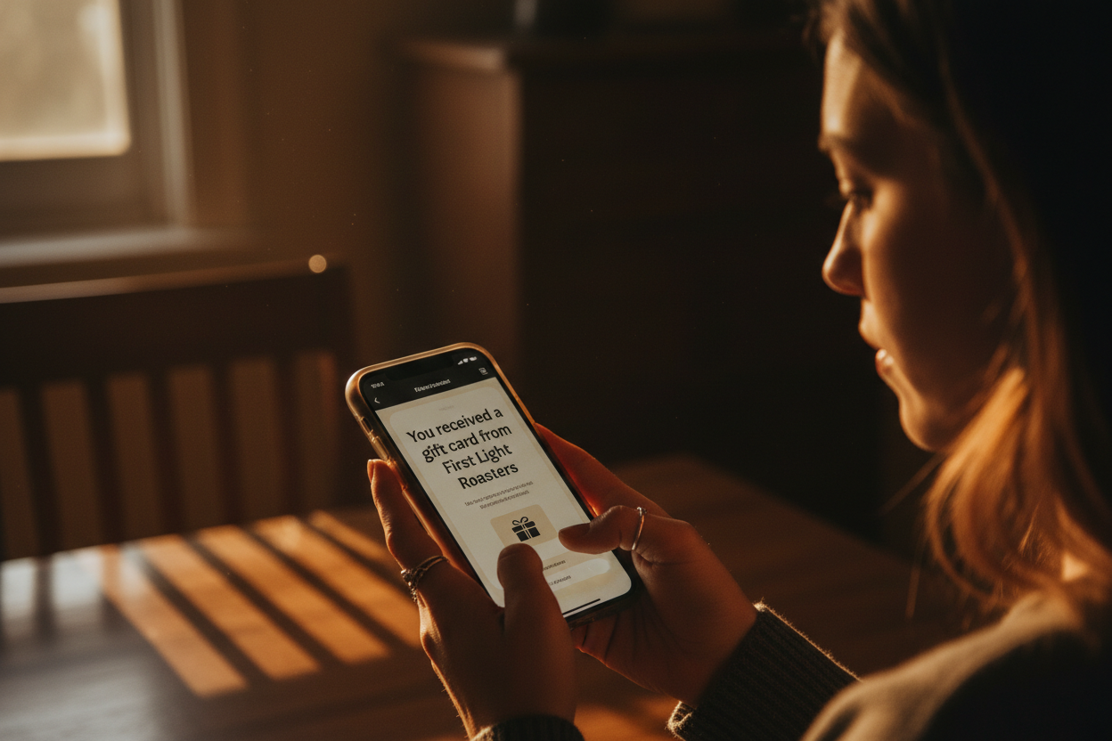 A female holding a phone showing an email that says
“You received a gift card from First Light Roasters” email is cream color and text is black
Set on a dark background with warm cinematic lighting.