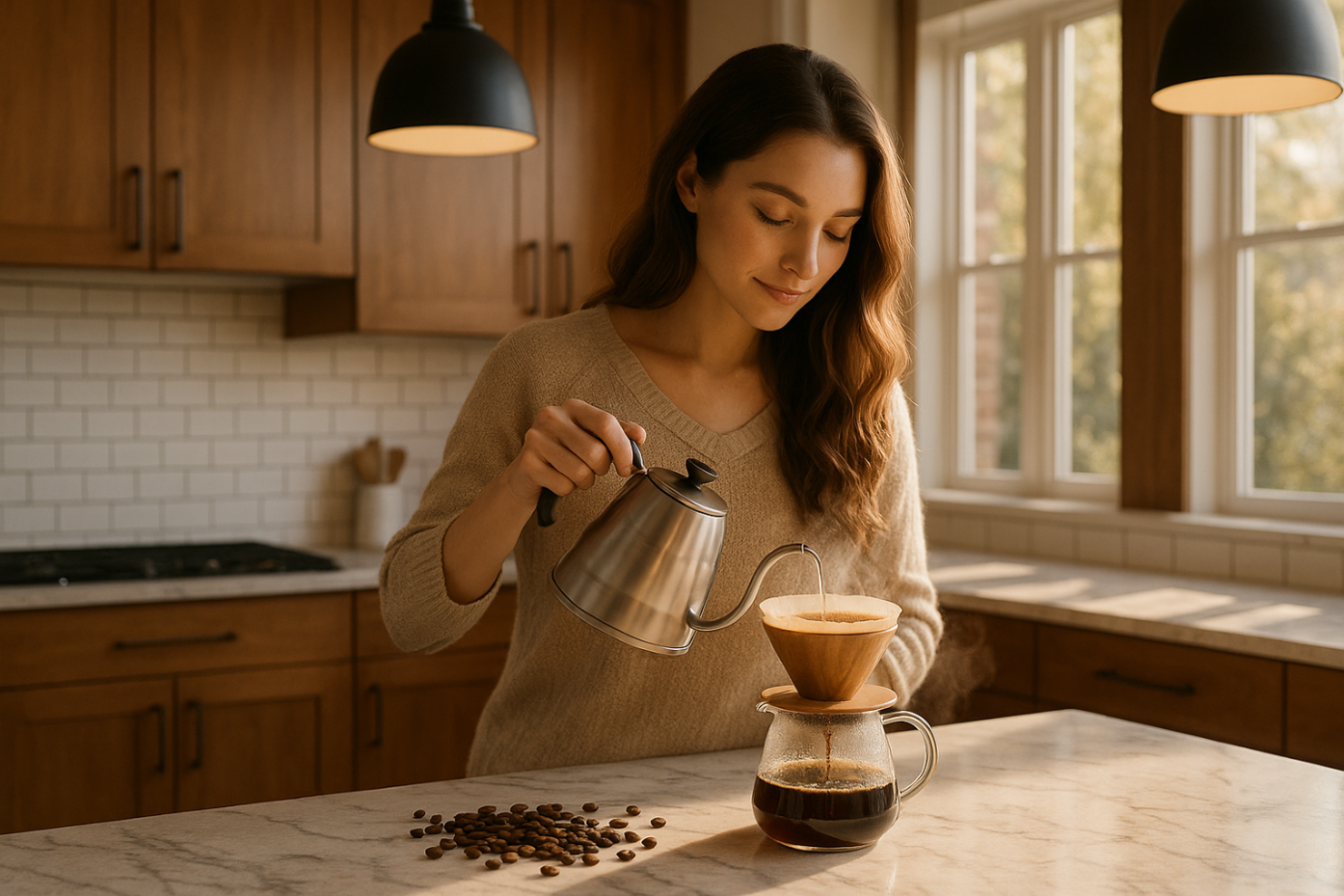 a lady brewing coffee in a beautiful kitchen