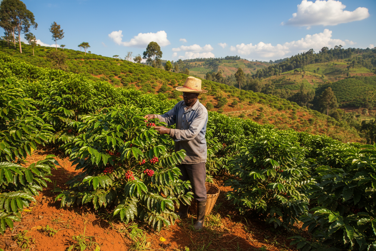 an image of a farmer in a coffee farm in Kenya