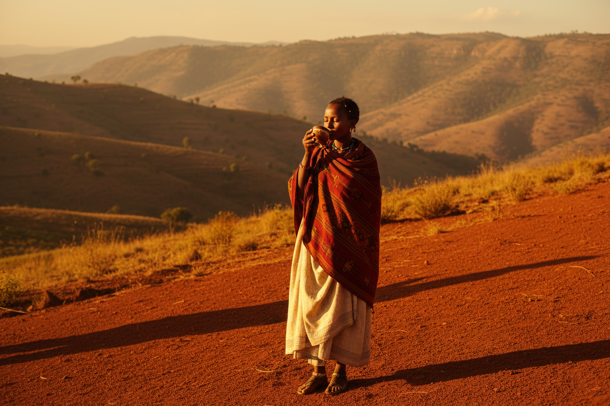 Create a cinematic portrait of a woman standing on a hillside in Ethiopia holding a cup of coffee while red earth tones glow beneath her feet. The ancient rolling hills stretch beyond her with warm sunlight casting long shadows. The scene feels historic layered and full of depth. Her expression is thoughtful as she tastes the coffee. High resolution with rich warm colors.