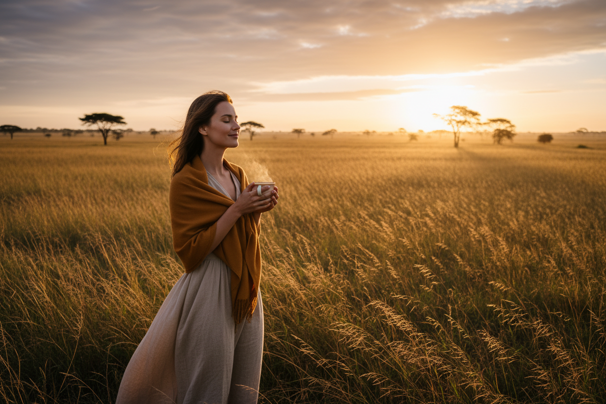 Create a cinematic scene of a woman standing on an open savanna at sunrise in Kenya holding a warm cup of coffee with both hands. The light is bright and golden with a soft breeze moving through tall grass as if carrying citrus winds. Her expression is peaceful as she looks out at the horizon. Warm light on her face. No animals. The scene should feel immersive luxurious and emotionally transportive. High resolution.