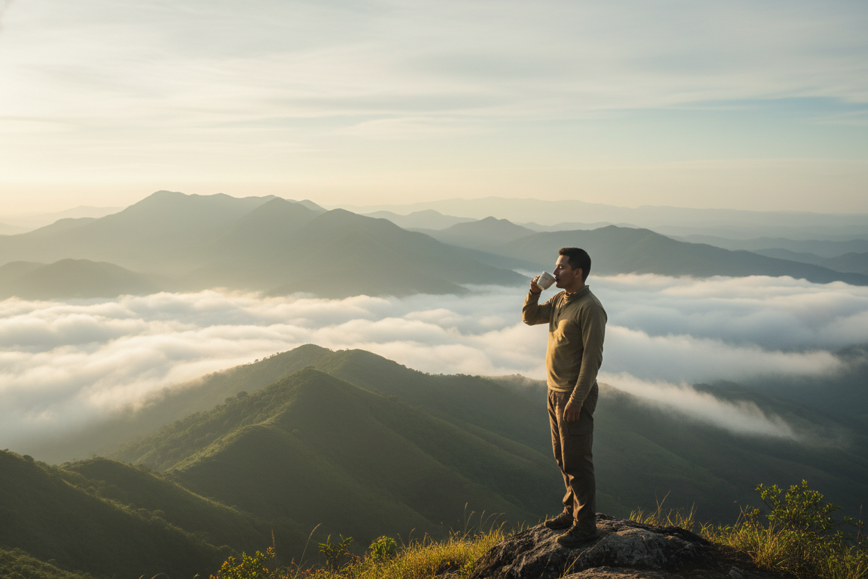 Create a peaceful scene of a man standing on a high ridge in Honduras holding a cup of coffee while morning mist drifts below. Soft green mountains layer into the distance and the light is warm but calm. His posture shows stillness and presence as he tastes the coffee. The mood should be grounded balanced and gentle. High resolution cinematic landscape.