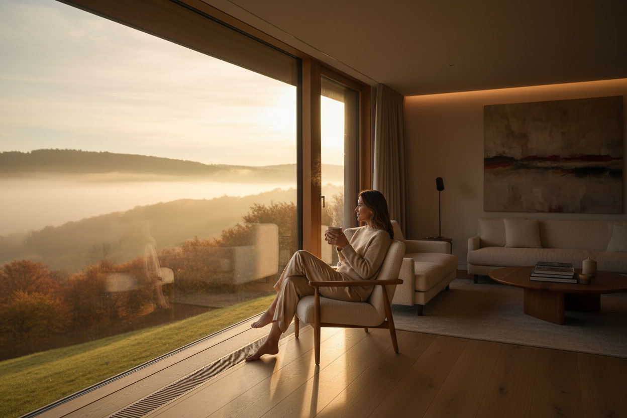 Create a realistic scene of a woman sitting beside a large window in a quiet living room during early morning. Soft natural light fills the space while she holds a warm cup of coffee and looks outside. The view beyond the window shows gentle seasonal details like light mist warm sunlight or soft autumn tones but everything feels natural and real. The mood is calm intimate and layered with emotion. Keep the setting modern and luxurious with clean textures and warm lighting. High resolution photography style.