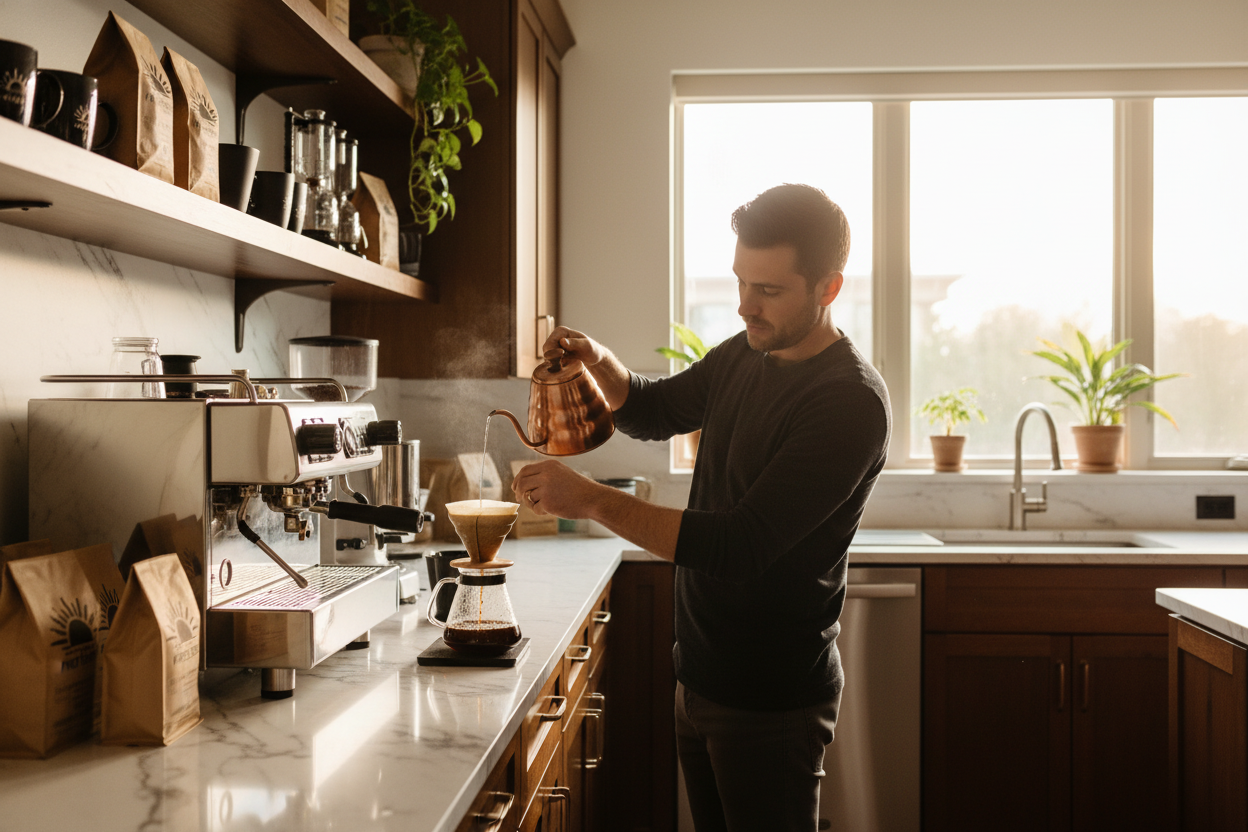 image of a coffee lover making coffee in a luxury kitchen filled with coffee equipment and first light roasters products