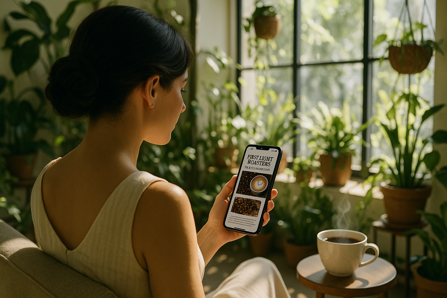 that image on the phone should show First Light Roasters Newsletter with image of something that has to do with coffee