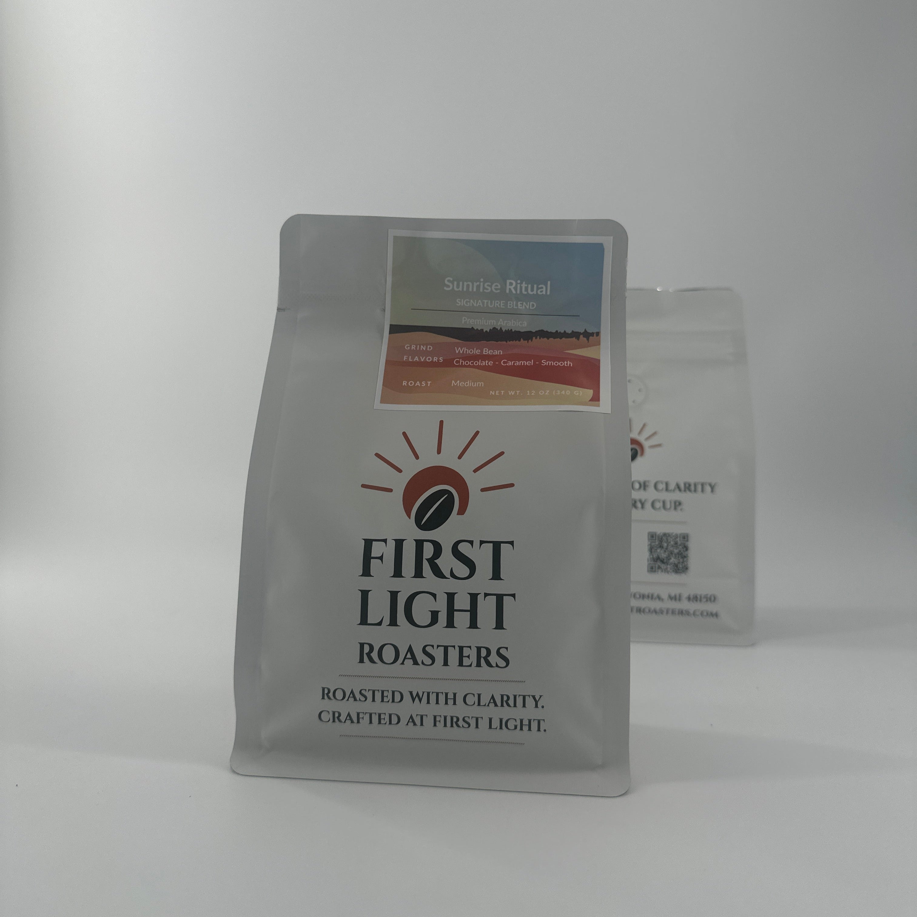 Coffee package labeled 'First Light Roasters' on a white background