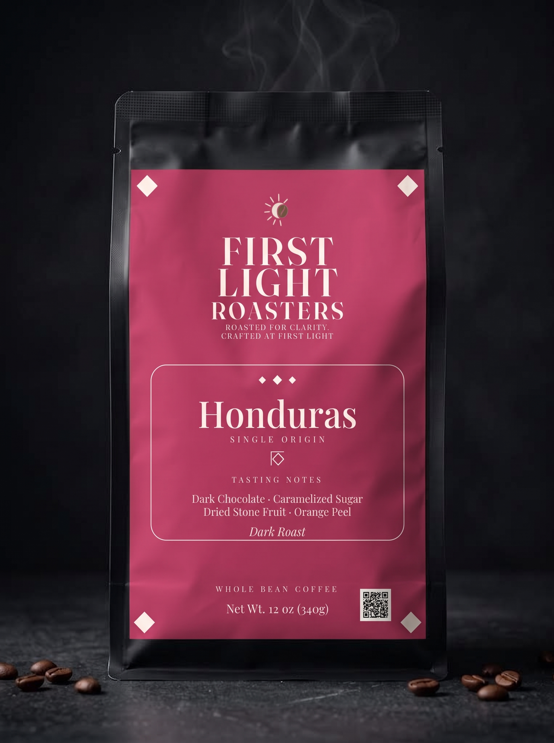 First Light Roasters Honduras Dark Roast Limited Release 12 oz whole bean coffee bag with dark pink label