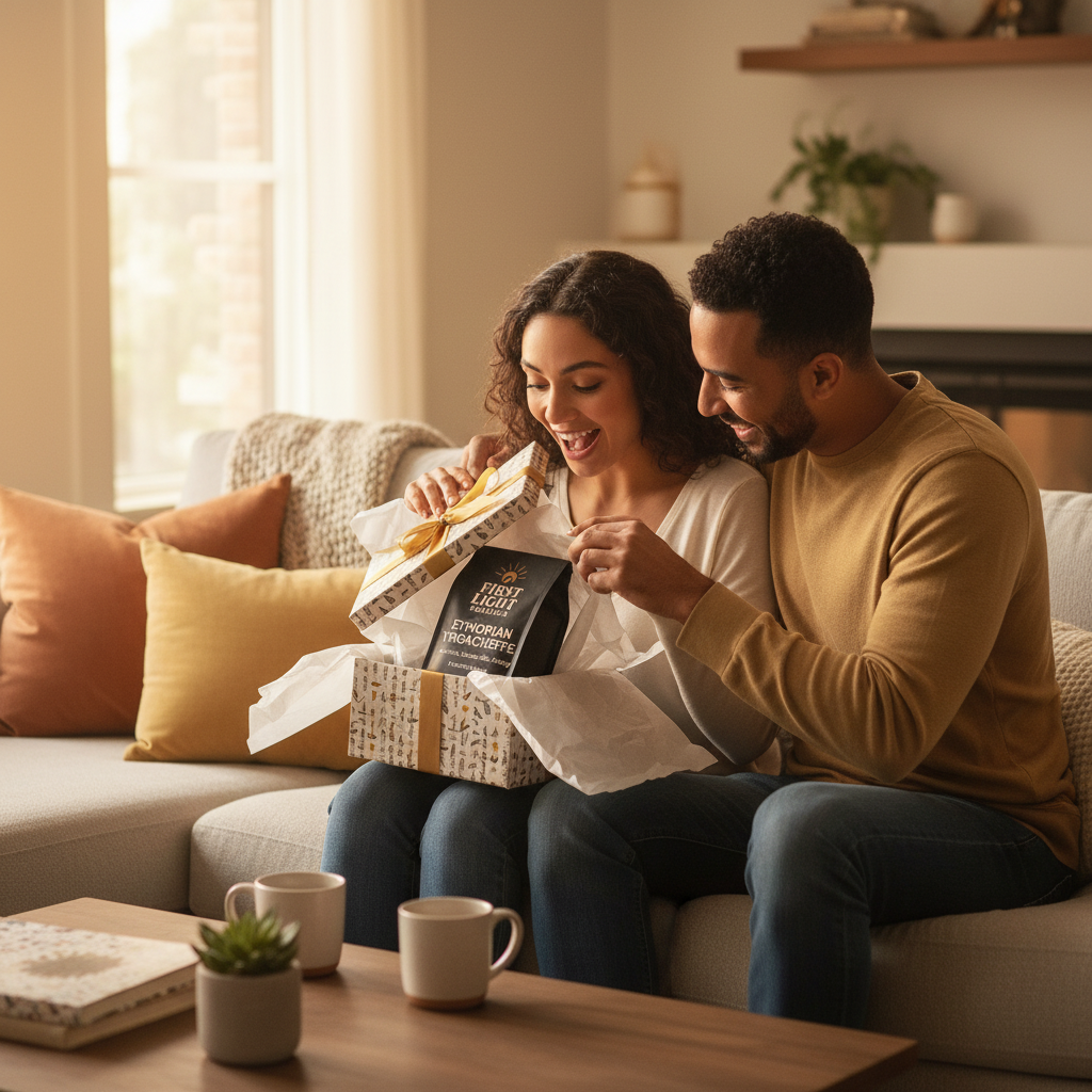 add a couple sitting on a living room with the female opening a gift box that has our coffee bag inside