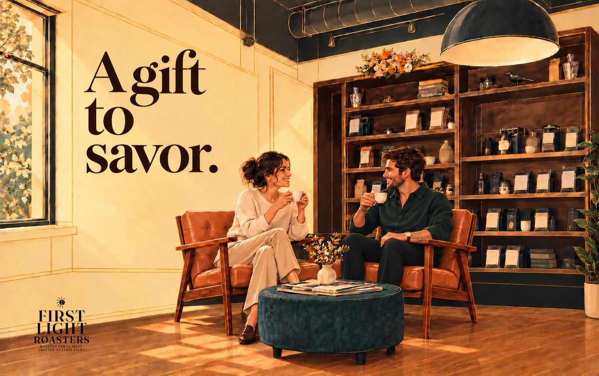 First Light Roasters gift card, A gift to savor, two friends sharing coffee in the roastery