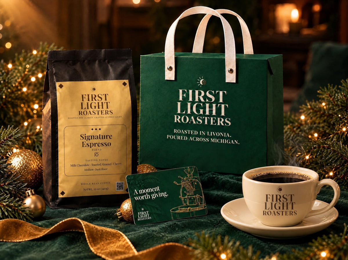 First Light Roasters holiday gifts: Signature Espresso coffee bag, Coffee Flights gift bag, gift card and a cup of coffee