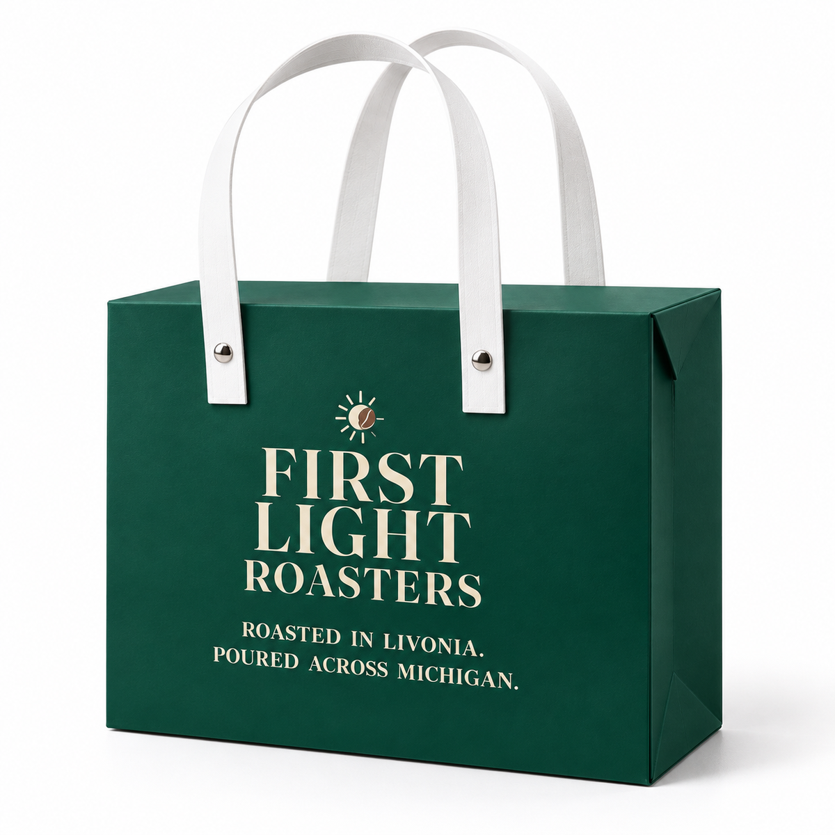First Light Roasters gift box bag mockup with white handles; flight includes three 6 oz coffees, 18 oz total