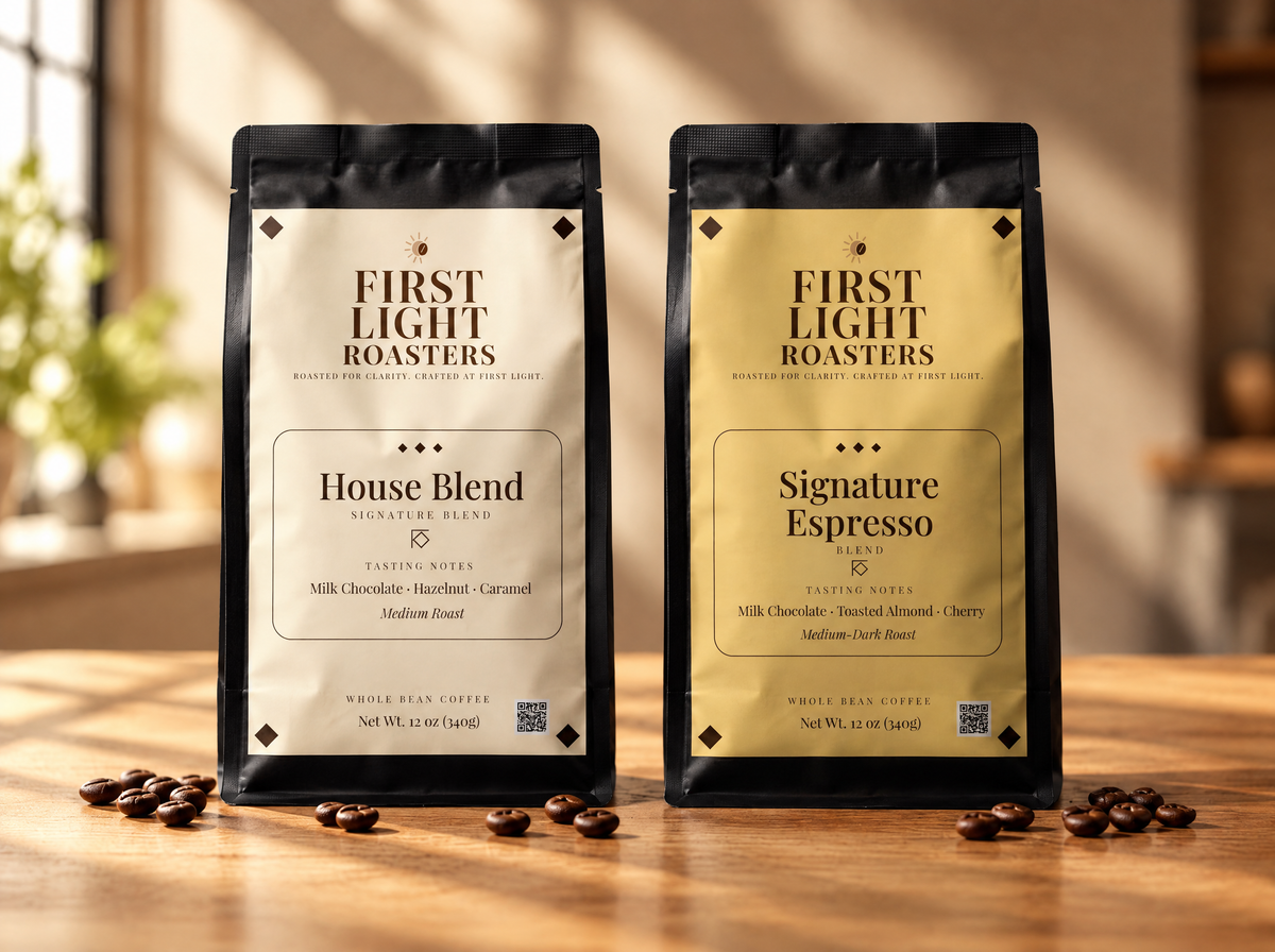 House Blend and Signature Espresso 12 oz bags from First Light Roasters, side by side